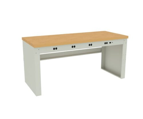 A light-colored workbench with a wooden tabletop and a sturdy frame. The front features multiple sockets and compartments for tools. The benchs simple and clean design is suitable for various work or office environments.