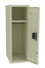 A beige metal locker with its door open, revealing an empty interior. Inside, there is a single shelf near the top and a rod beneath it for hanging items. The locker door has a vented design and features a black lock.