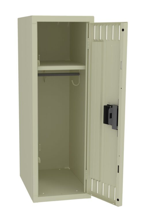 A beige metal locker with its door open, revealing an empty interior. Inside, there is a single shelf near the top and a rod beneath it for hanging items. The locker door has a vented design and features a black lock.