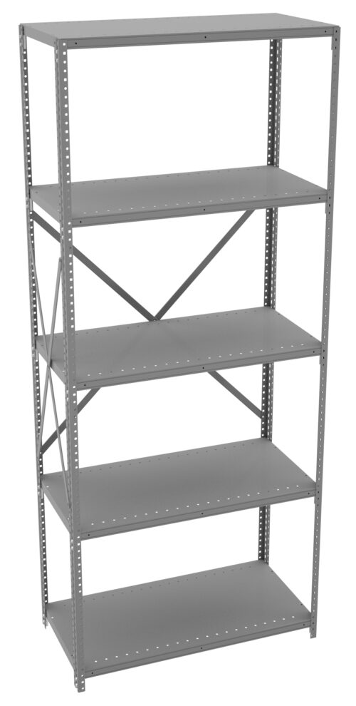 rcbniurvnhgaglfgafve.jpg A grey metal shelving unit with five adjustable shelves. The unit has perforated support beams and a cross-brace at the back for stability. It is empty and placed against a white background.