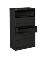 A black metal filing cabinet with five drawers, two of which are open. The top drawer is slightly opened with a visible lock, and the third drawer is fully extended. The cabinet is standing against a plain white background.