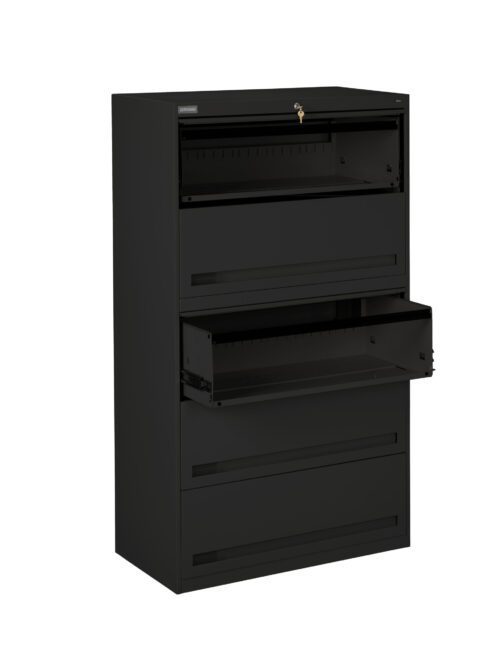 A black metal filing cabinet with five drawers, two of which are open. The top drawer is slightly opened with a visible lock, and the third drawer is fully extended. The cabinet is standing against a plain white background.