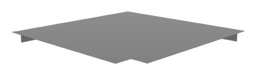 Illustration of a gray, flat, rectangular object with a small, symmetrical notch on one side, resembling a simplified 3D roof or architectural structure, set against a white background.