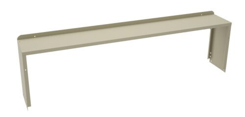 A beige metal shelf bracket with a long, rectangular shape and angled edges, designed to support or hold a shelf. It has several pre-drilled holes for mounting.