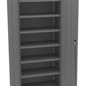 A tall, gray metal cabinet with open doors reveals seven adjustable shelves inside. The cabinet features a lock on the right door for security. The shelves are evenly spaced and empty, ready for storage.