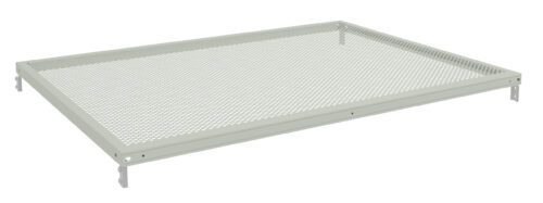 A rectangular, perforated metal sheet with a raised edge, featuring small, evenly spaced circular holes. It has metal brackets at the corners, suggesting it might be part of a larger structure or system.