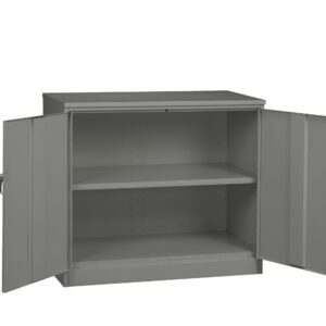 A grey metal cabinet with two open doors revealing an empty interior and one adjustable shelf, set against a plain white background.