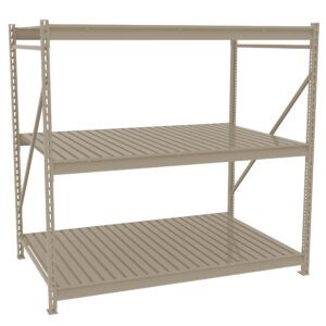 A beige metal storage rack with a sturdy frame, featuring two spacious shelves. The rack is designed for holding heavy items, showcasing a simple and industrial design. The shelves are evenly spaced and have a grid-like structure.