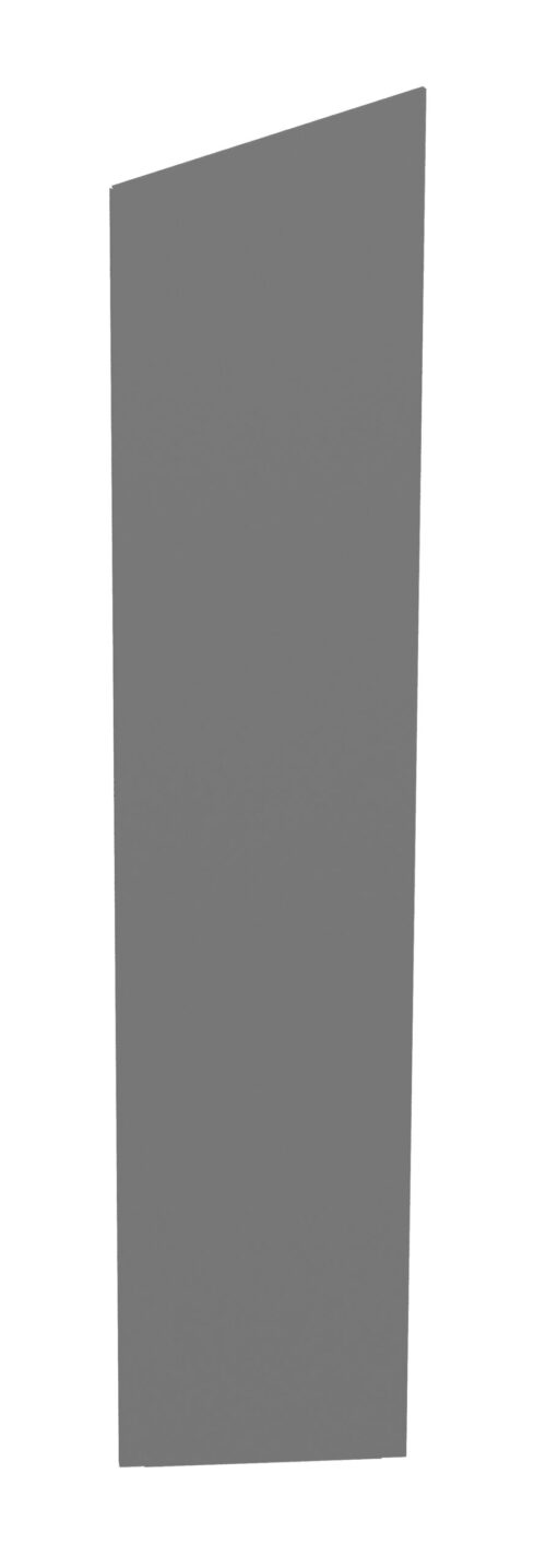 A tall, rectangular, solid gray door with a slight slant at the top on a white background.