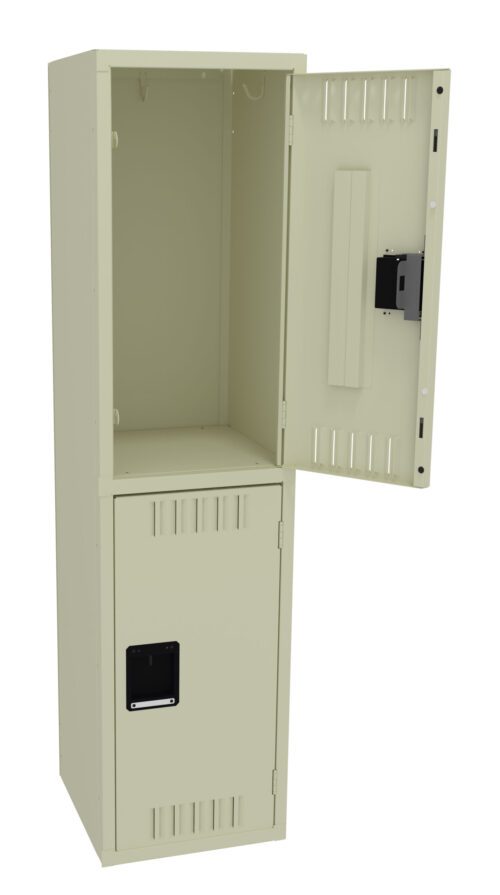 A beige metal locker with two compartments. The top door is open, revealing an empty space inside, while the bottom door remains closed. Each door has ventilation slits and a handle.