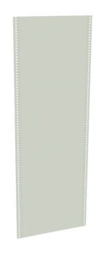 A tall, rectangular metal panel with perforated edges, standing upright against a white background. The panel is light gray, featuring a smooth surface and even spacing of perforations along both vertical sides.