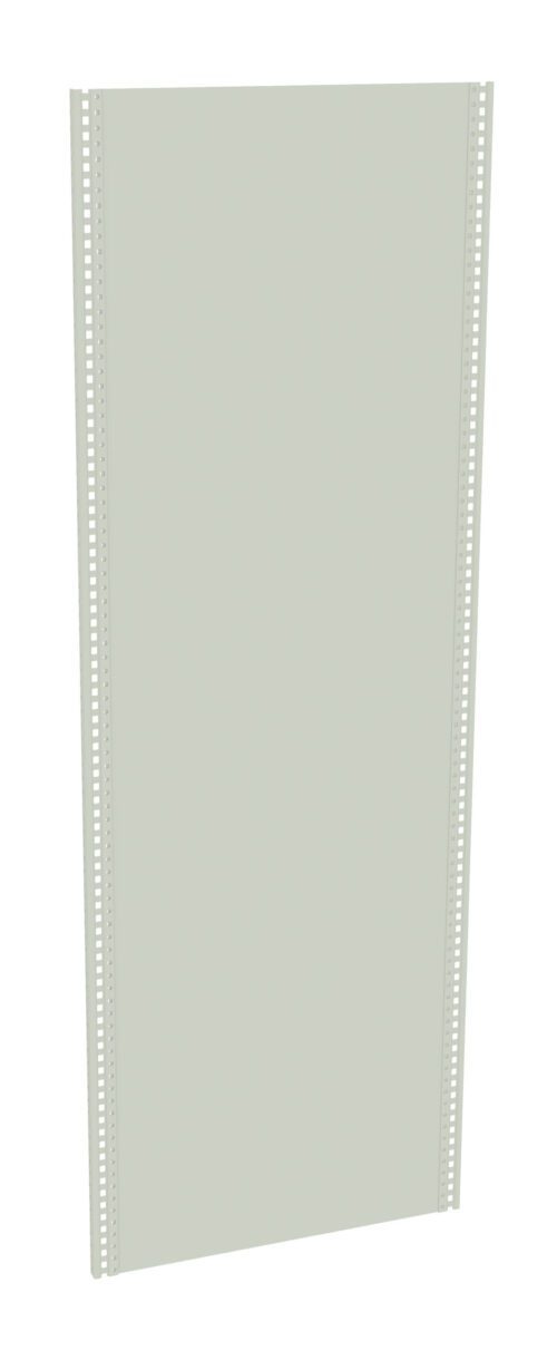 A tall, rectangular metal panel with perforated edges, standing upright against a white background. The panel is light gray, featuring a smooth surface and even spacing of perforations along both vertical sides.