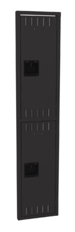 A tall, black, two-tier steel locker with vents and handles on each door, set against a white background.