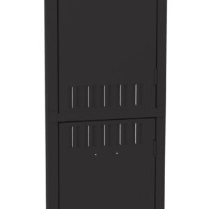 A tall, black, two-tier steel locker with vents and handles on each door, set against a white background.