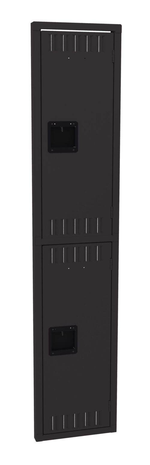 A tall, black, two-tier steel locker with vents and handles on each door, set against a white background.