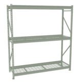 A metal storage rack with two shelves, featuring a grid design for ventilation. The frame is made of sturdy steel, with perforations and cross-bracing for support. Suitable for industrial or garage use.