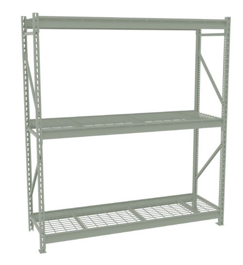 A metal storage rack with two shelves, featuring a grid design for ventilation. The frame is made of sturdy steel, with perforations and cross-bracing for support. Suitable for industrial or garage use.