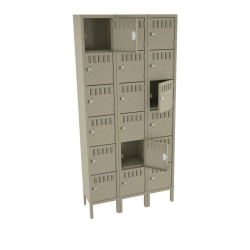 A beige multi-compartment metal locker with several small square doors, some of which are open, revealing empty interiors. The locker has ventilation slits on each door and stands on metal legs.