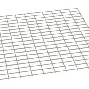 A light gray, rectangular wire grid with evenly spaced horizontal and vertical lines, resembling a mesh or grating, positioned at an angle against a plain white background.