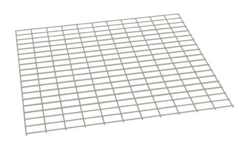 A light gray, rectangular wire grid with evenly spaced horizontal and vertical lines, resembling a mesh or grating, positioned at an angle against a plain white background.