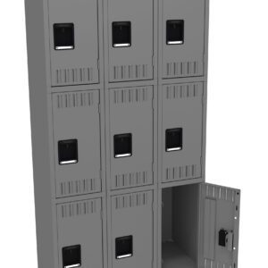 A gray metal locker unit with nine compartments arranged in a 3x3 grid. Each compartment has a black handle. The bottom right compartment is open, revealing its interior.