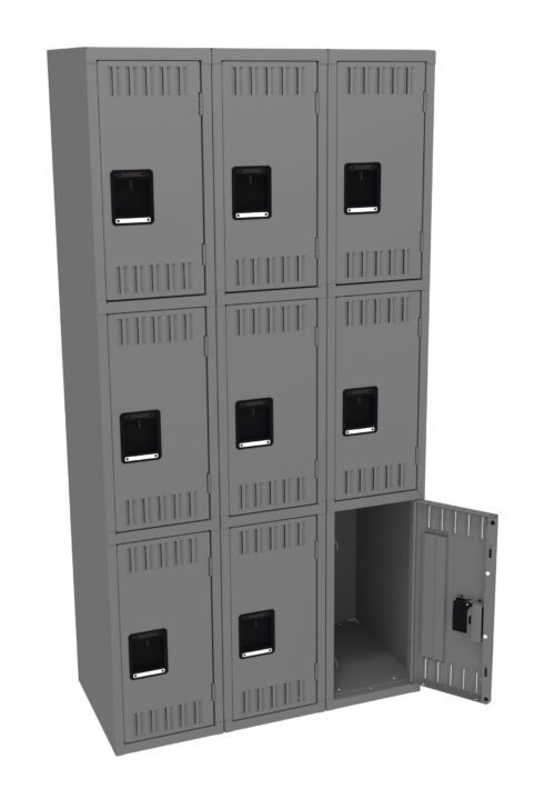 rewm8sorhj4ctd6c0vwz.jpg A gray metal locker unit with nine compartments arranged in a 3x3 grid. Each compartment has a black handle. The bottom right compartment is open, revealing its interior.