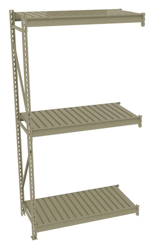 Three-tiered metal storage shelf with vertical support beams on the left. Each shelf has slatted surfaces and the structure appears robust and industrial. The shelves are evenly spaced and have a utilitarian design.