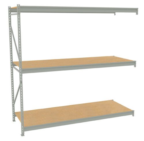 A metal shelving unit with three wooden shelves. The frame is light gray, and the shelves are evenly spaced. The top shelf is slightly shorter in length compared to the other two. The unit is empty and set against a plain background.