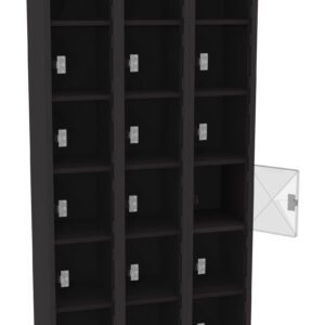 A black storage unit with three columns of square lockers, each column containing five lockers. One locker door is open, revealing a gray interior. The other lockers are closed with metallic handles.