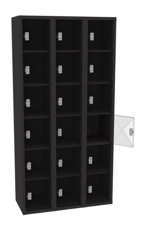 rfodwgxacetqb8805gwy.jpg A black storage unit with three columns of square lockers, each column containing five lockers. One locker door is open, revealing a gray interior. The other lockers are closed with metallic handles.