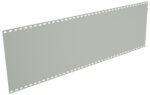 A rectangular, translucent, gray film strip with evenly spaced holes along both long edges, tapering slightly from left to right against a white background.