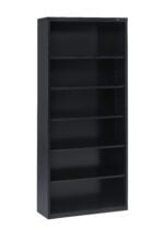 A tall, black metal bookshelf with six adjustable shelves. The bookshelf is empty and positioned against a plain white background.