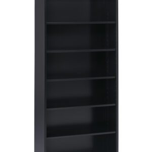 A tall, black metal bookshelf with six adjustable shelves. The bookshelf is empty and positioned against a plain white background.