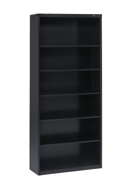 A tall, black metal bookshelf with six adjustable shelves. The bookshelf is empty and positioned against a plain white background.