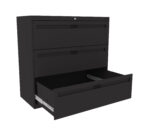Black, three-drawer filing cabinet with a glossy finish. The bottom drawer is open, while the top two drawers are closed. The cabinet has a lock on the top drawer for security.
