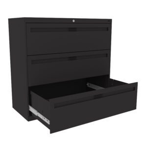 Black, three-drawer filing cabinet with a glossy finish. The bottom drawer is open, while the top two drawers are closed. The cabinet has a lock on the top drawer for security.