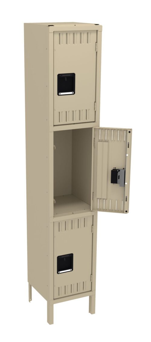 Tall beige metal locker with three compartments, two doors closed and one middle door open. Ventilation slots are present on each door, and the open compartment is empty, with a locking mechanism visible.