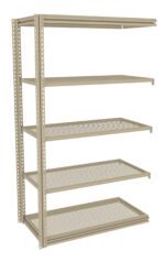 A beige metal shelving unit with five perforated shelves, standing upright. The shelves are evenly spaced and supported by vertical brackets on each side. The unit is empty and isolated against a plain white background.