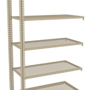 A beige metal shelving unit with five perforated shelves, standing upright. The shelves are evenly spaced and supported by vertical brackets on each side. The unit is empty and isolated against a plain white background.