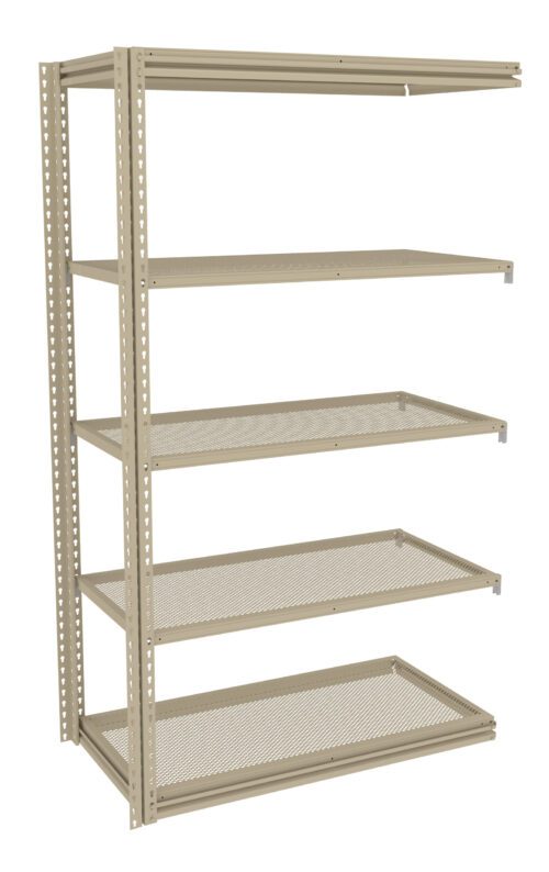 A beige metal shelving unit with five perforated shelves, standing upright. The shelves are evenly spaced and supported by vertical brackets on each side. The unit is empty and isolated against a plain white background.