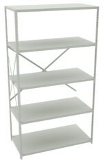 Metal storage shelving unit with five adjustable shelves and a cross-brace for stability. The structure is gray, featuring a clean, minimal design suitable for organizing items in a garage, office, or warehouse setting.
