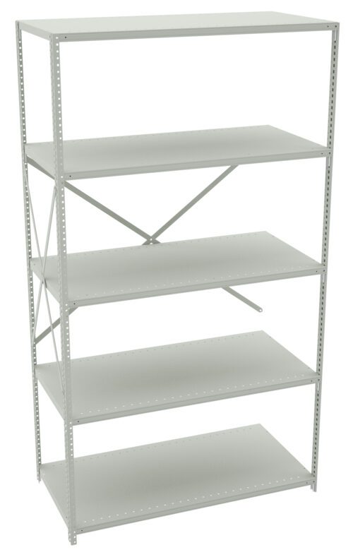 Metal storage shelving unit with five adjustable shelves and a cross-brace for stability. The structure is gray, featuring a clean, minimal design suitable for organizing items in a garage, office, or warehouse setting.