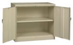A beige metal cabinet with two open doors revealing two interior shelves. The cabinet is empty and has simple handles on each door.