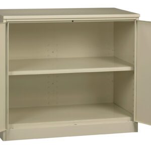 A beige metal cabinet with two open doors revealing two interior shelves. The cabinet is empty and has simple handles on each door.