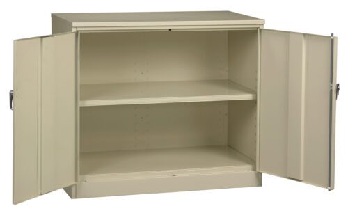 rhf8ls5tewg3oovtom41.jpg A beige metal cabinet with two open doors revealing two interior shelves. The cabinet is empty and has simple handles on each door.