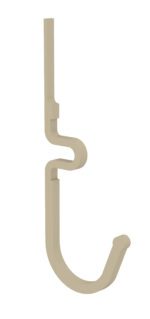 A beige, abstract sculpture with a vertical, curved design featuring a hook-like shape at the bottom and a wavy section in the middle against a white background.
