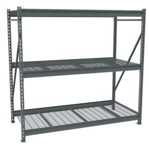 A large, empty metal shelving unit with three tiers and a grid pattern on the shelves. The structure is made of steel beams with diagonal support braces. The shelves are evenly spaced for storage. The unit is freestanding and industrial-style.