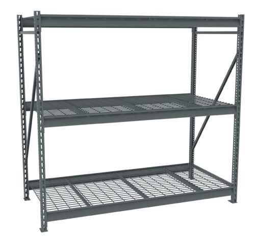 A large, empty metal shelving unit with three tiers and a grid pattern on the shelves. The structure is made of steel beams with diagonal support braces. The shelves are evenly spaced for storage. The unit is freestanding and industrial-style.
