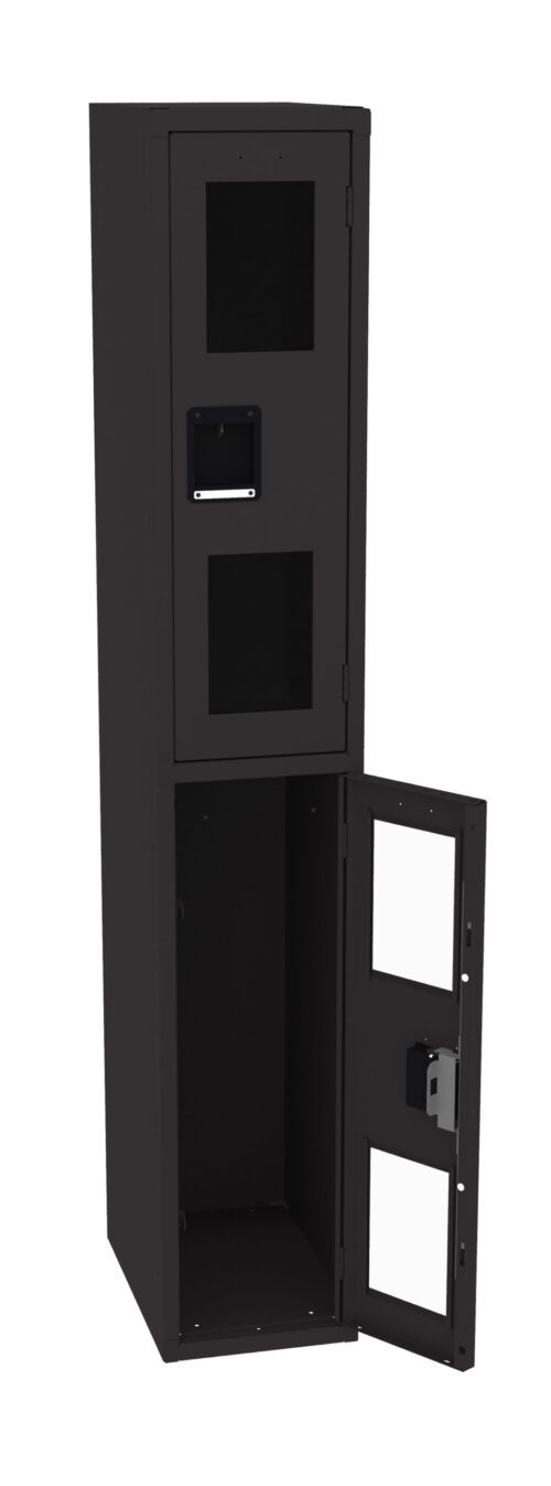 rhuifktrogelcnos1uqs.jpg Tall black storage cabinet with two compartments, each with a door. The upper door is closed, while the lower door is open, displaying an empty interior. The design is modern and minimalist.