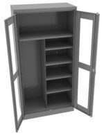 A gray metal storage cabinet with two glass doors, showcasing adjustable shelves on the right side and a spacious compartment with a single shelf on the left. The doors are open, revealing the interior.